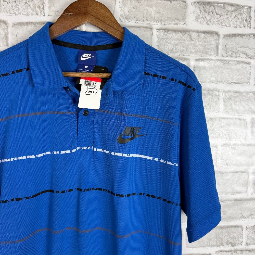 NIKE Sportswear Royal Blue Scratched Striped Cotton Casual Polo Shirt Mens LARGE